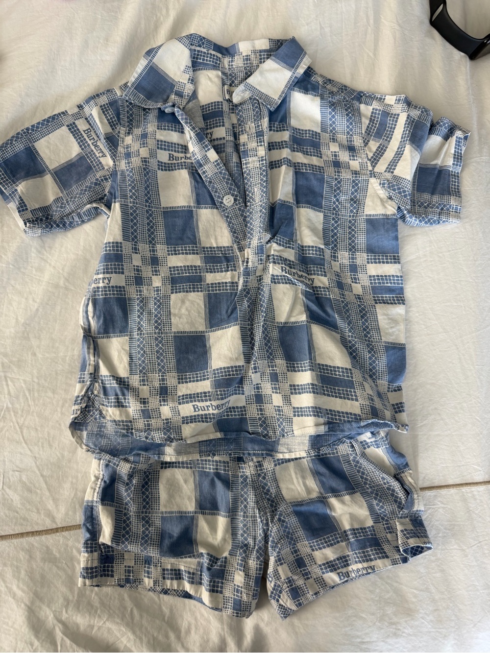 Burberry Kids Blue and White Plaid shirt and pants set